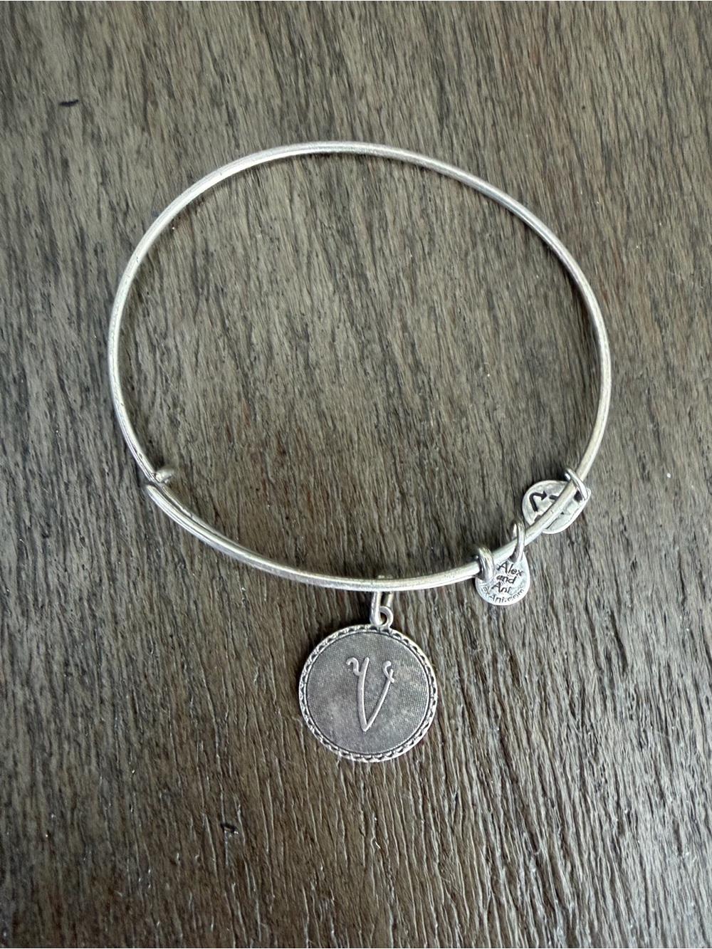 Alex and Ani Silver Initial 'V' Charm Bangle Bracelet